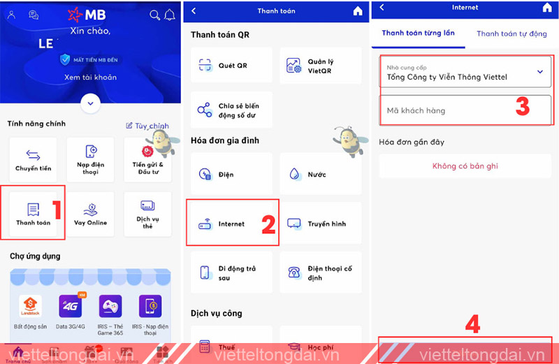 Cách thanh toán tiền mạng qua Internet Banking